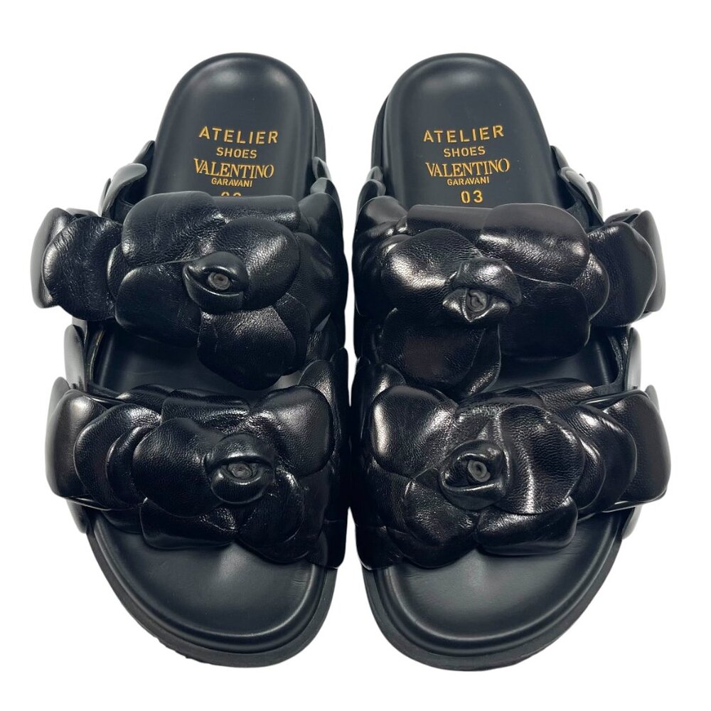 VALENTINO GARAVANI ATELIER Black Rose Petal Slides Sandals Womens 36 6